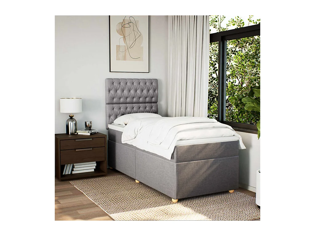 Cama box spring con colchón tela gris taupe 100x200 cm
