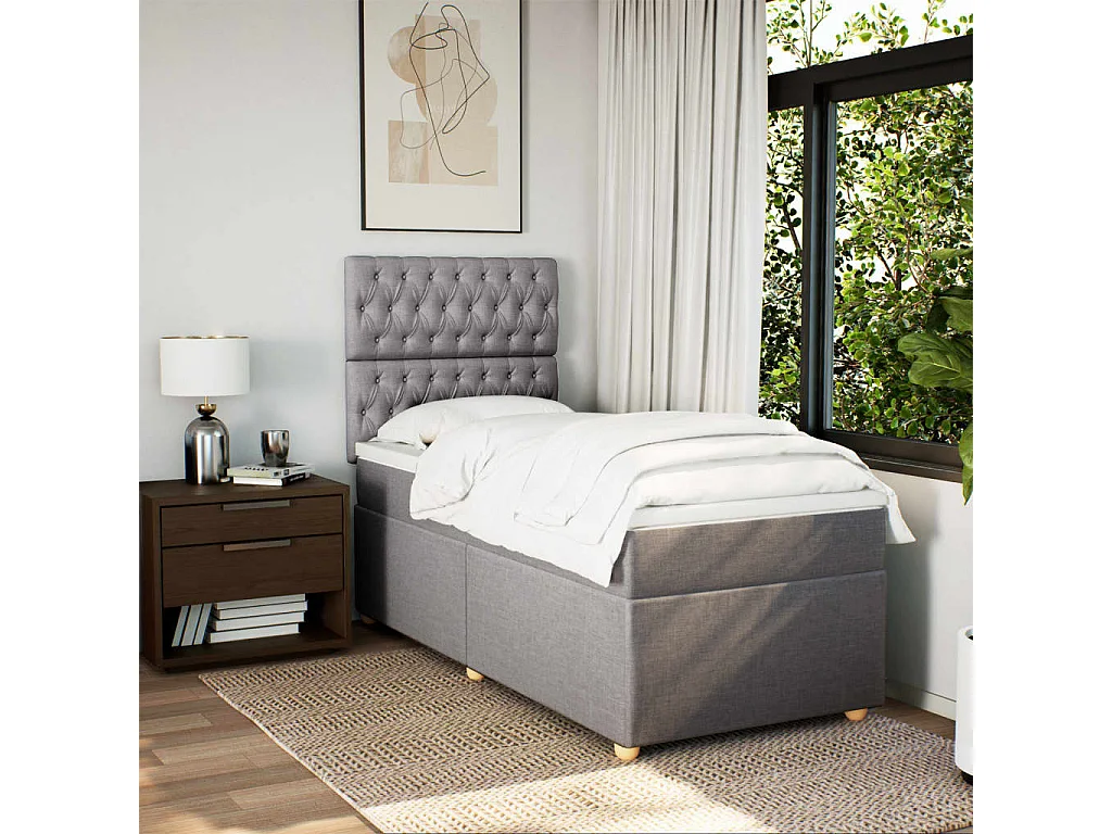 Cama box spring con colchón tela gris taupe 100x200 cm