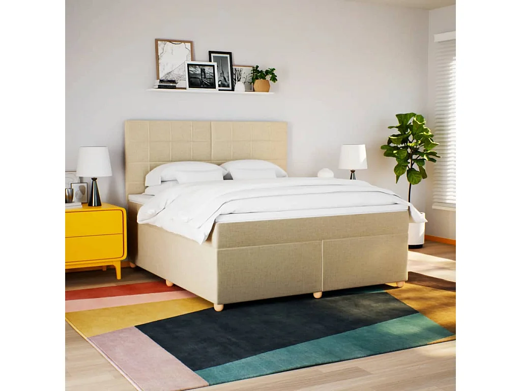 Cama box spring con colchón tela color crema 180x200 cm