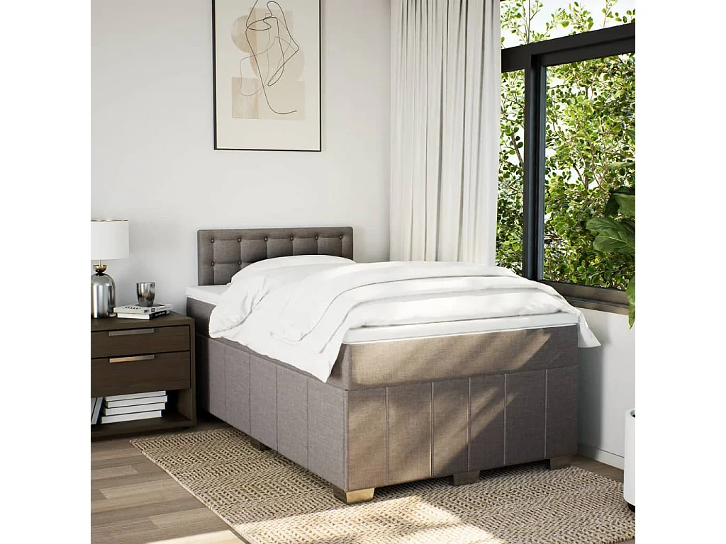 Cama box spring con colchón tela gris taupe 120x190 cm