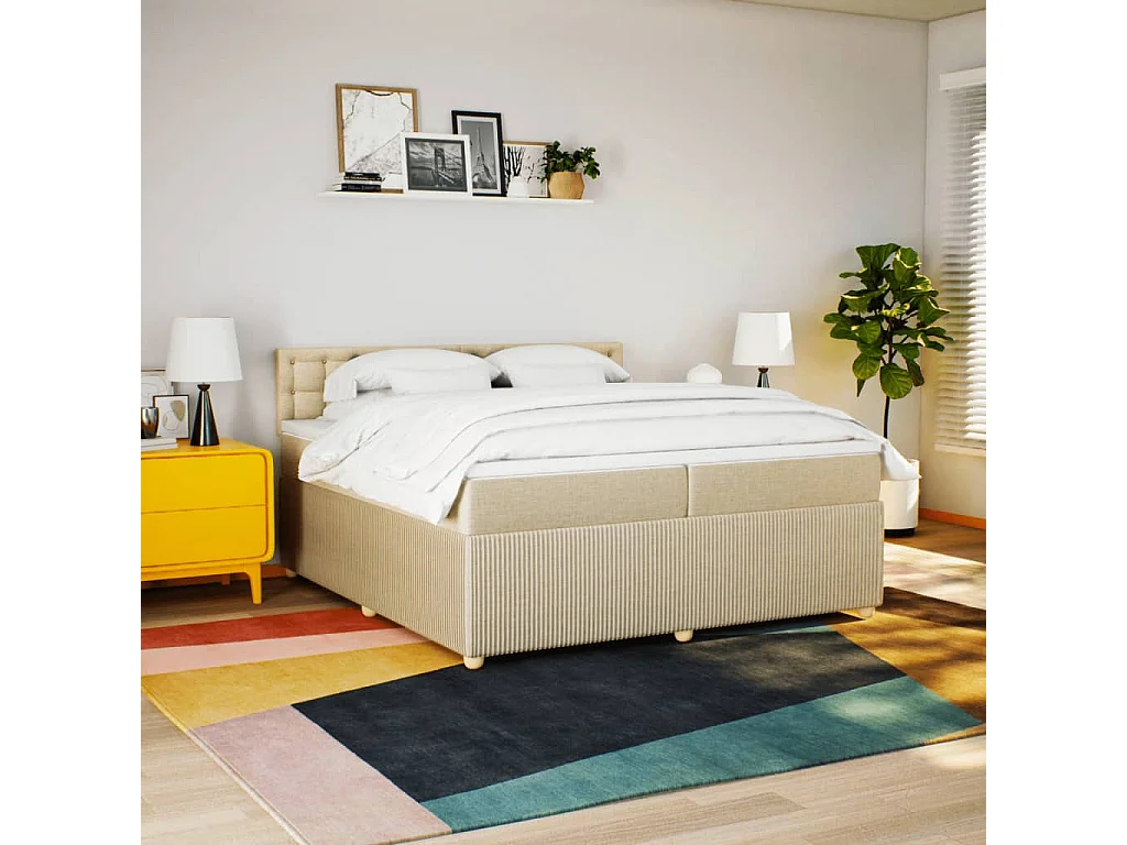 Cama box spring con colchón tela color crema 200x200 cm