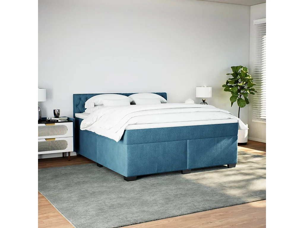 Cama box spring con colchón terciopelo azul 180x200 cm