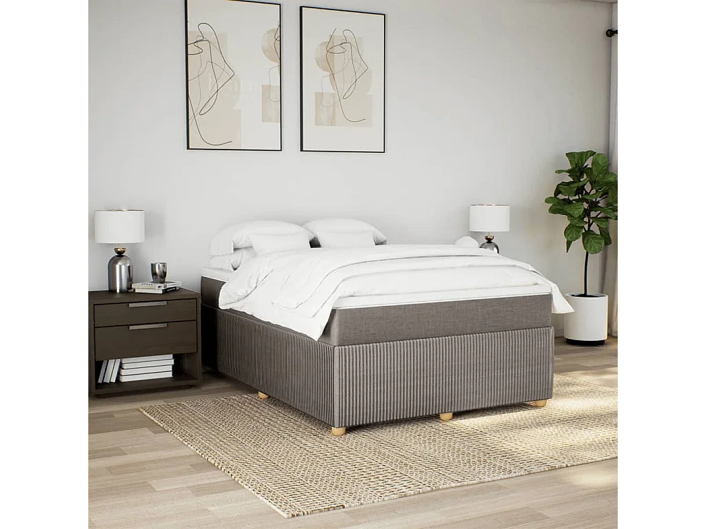 Cama box spring con colchón tela gris taupe 140x190 cm
