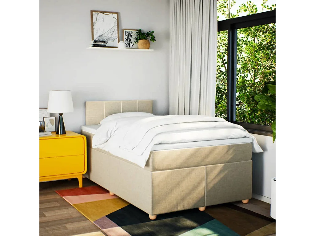 Cama box spring con colchón tela color crema 120x200 cm