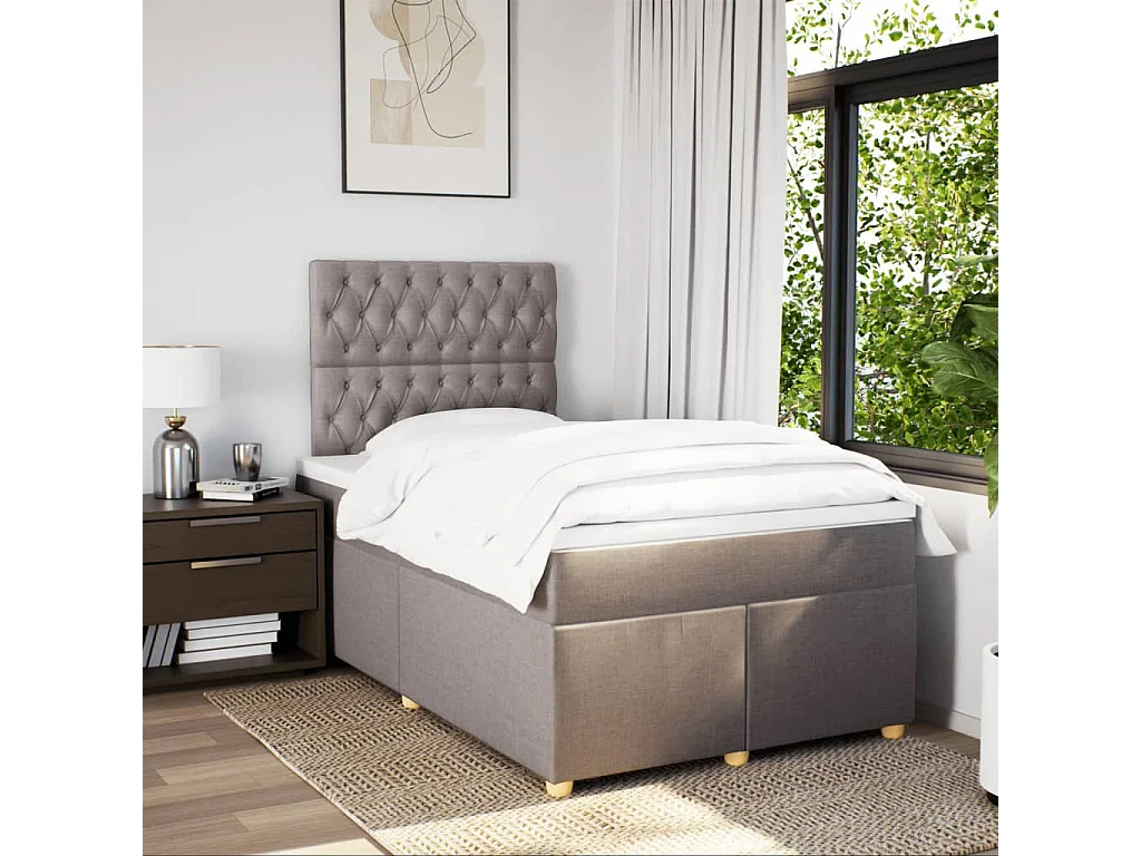 Cama box spring con colchón tela gris taupe 120x200 cm