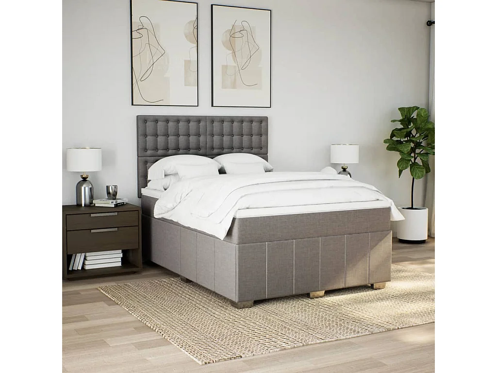 Cama box spring con colchón tela gris taupe 160x200 cm