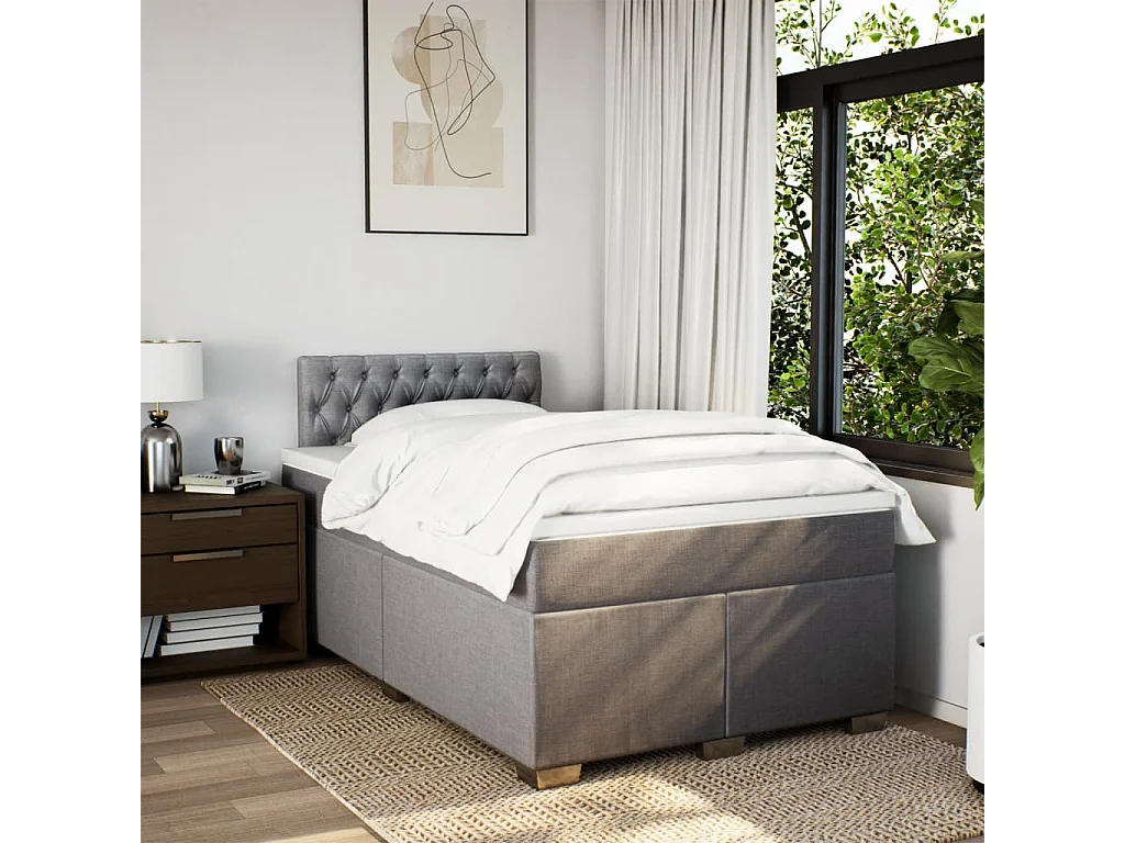 Cama box spring con colchón tela gris taupe 120x190 cm