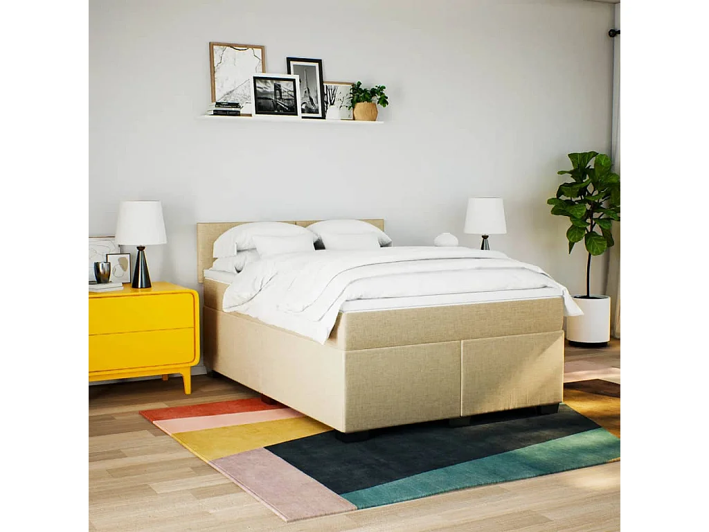 Cama box spring con colchón tela color crema 160x200 cm