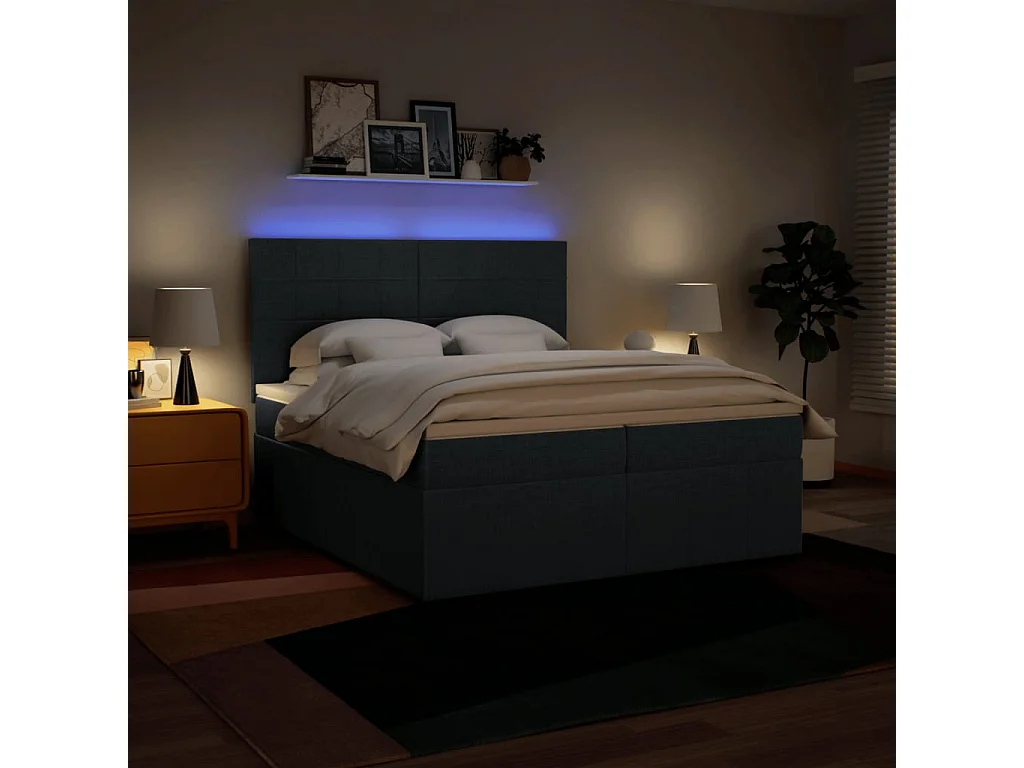 Cama box spring con colchón tela azul 200x200 cm