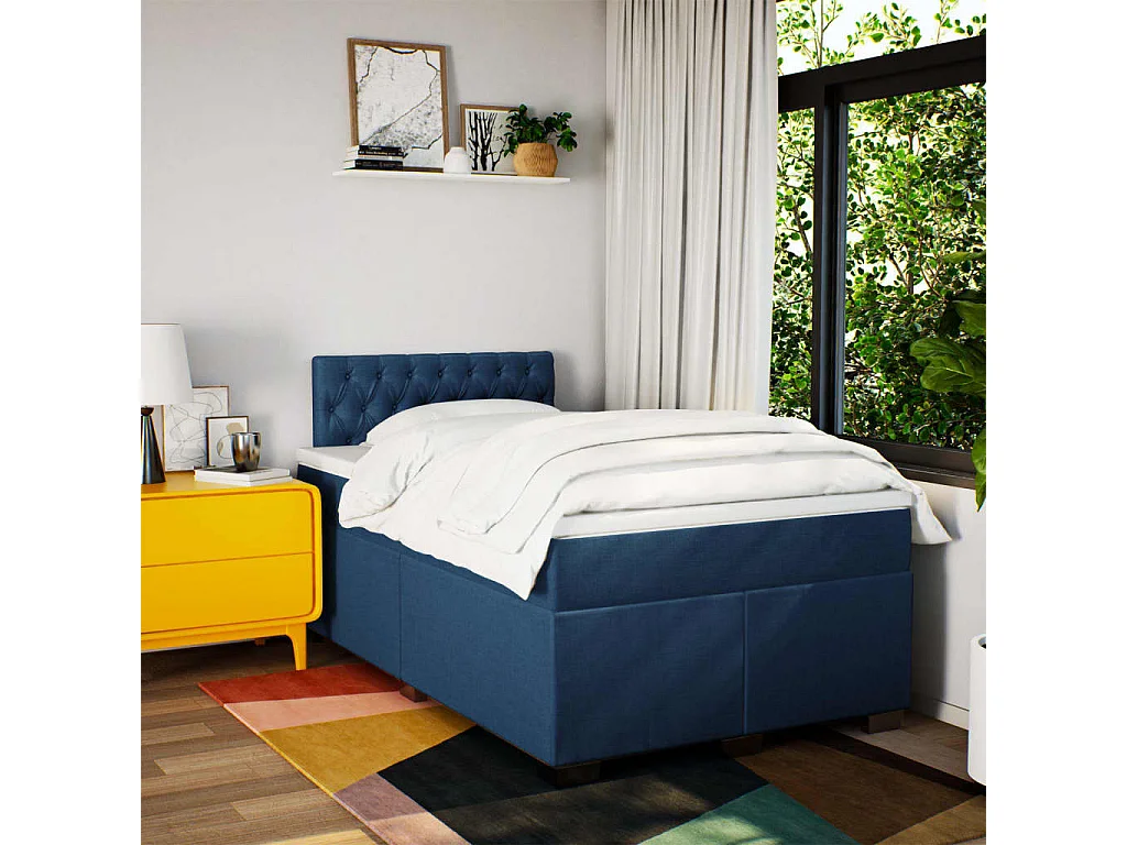 Cama box spring con colchón tela azul 120x190 cm