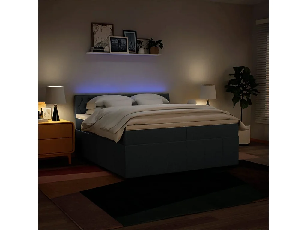 Cama box spring con colchón tela azul 200x200 cm