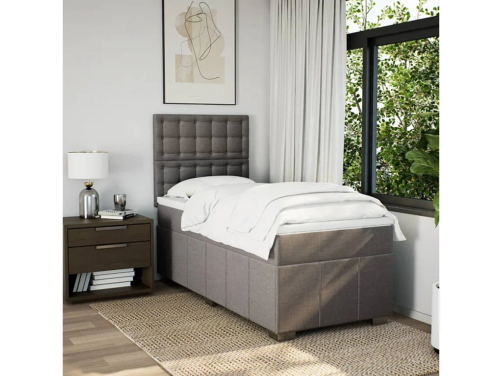 Cama box spring con colchón tela gris taupe 80x200 cm