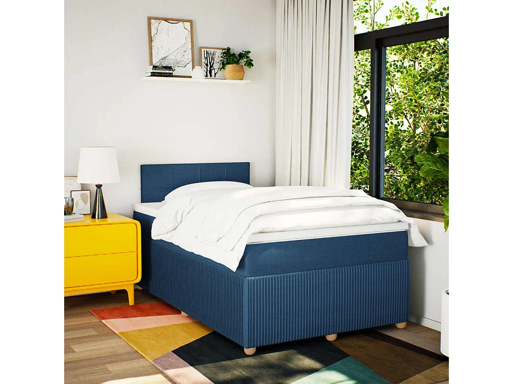 Cama box spring con colchón tela azul 120x190 cm