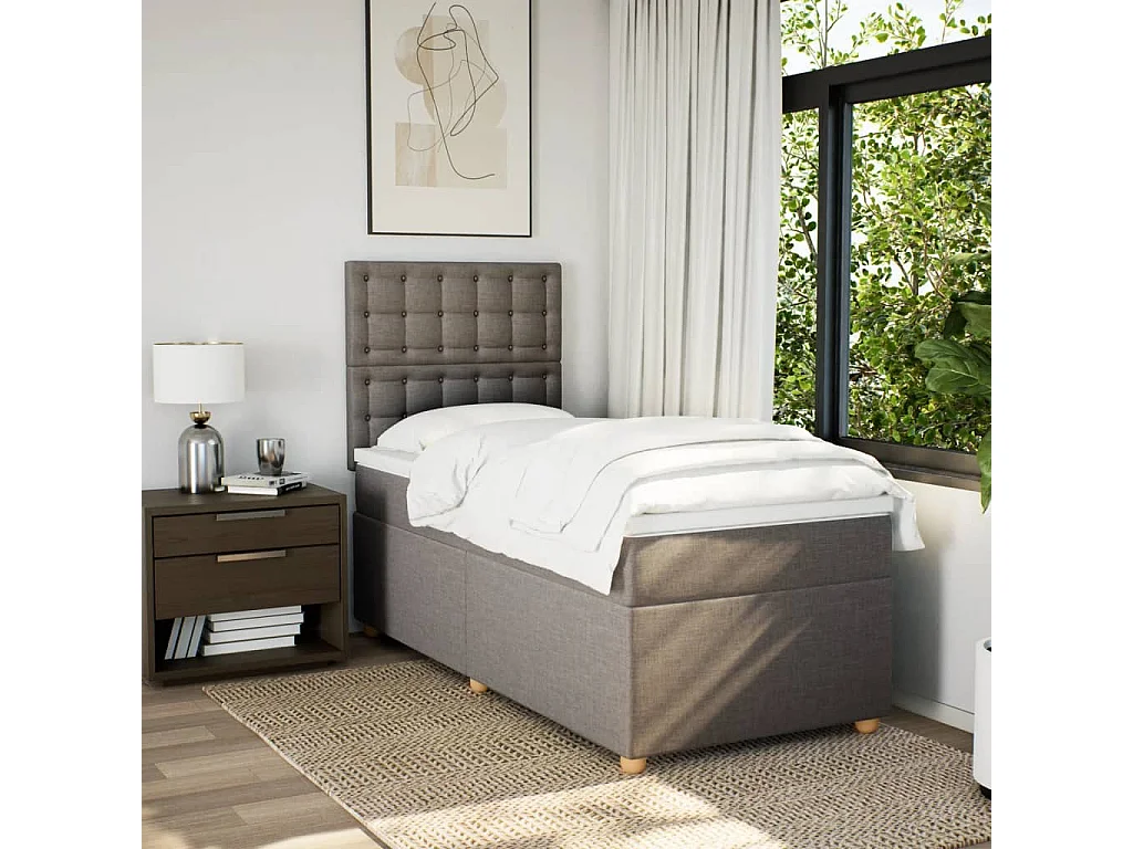 Cama box spring con colchón tela gris taupe 80x200 cm