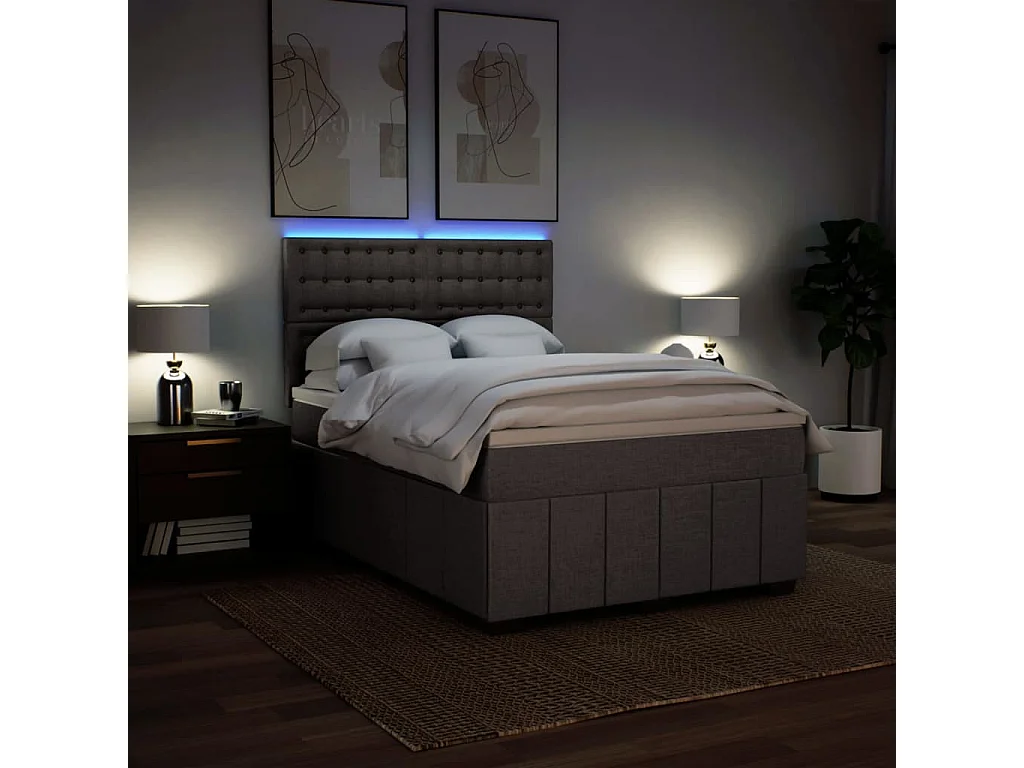 Cama box spring con colchón tela gris taupe 140x200 cm