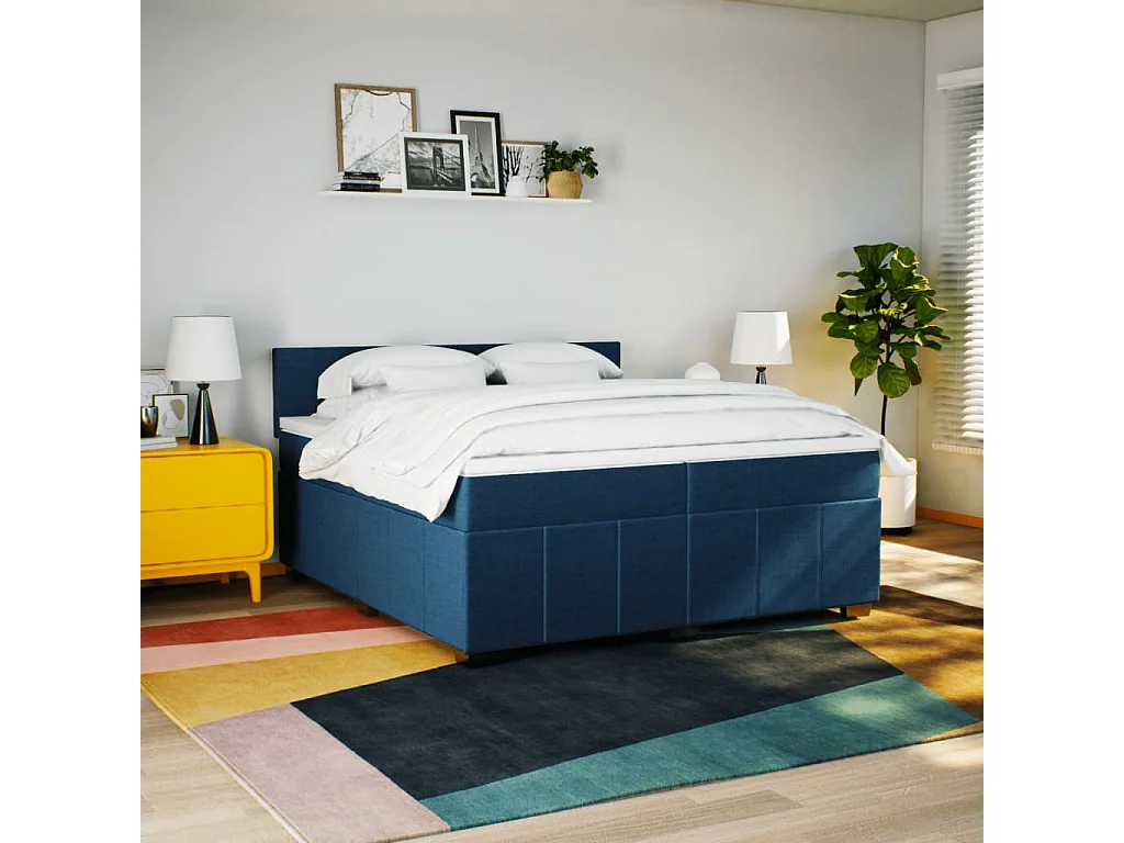 Cama box spring con colchón tela azul 200x200 cm