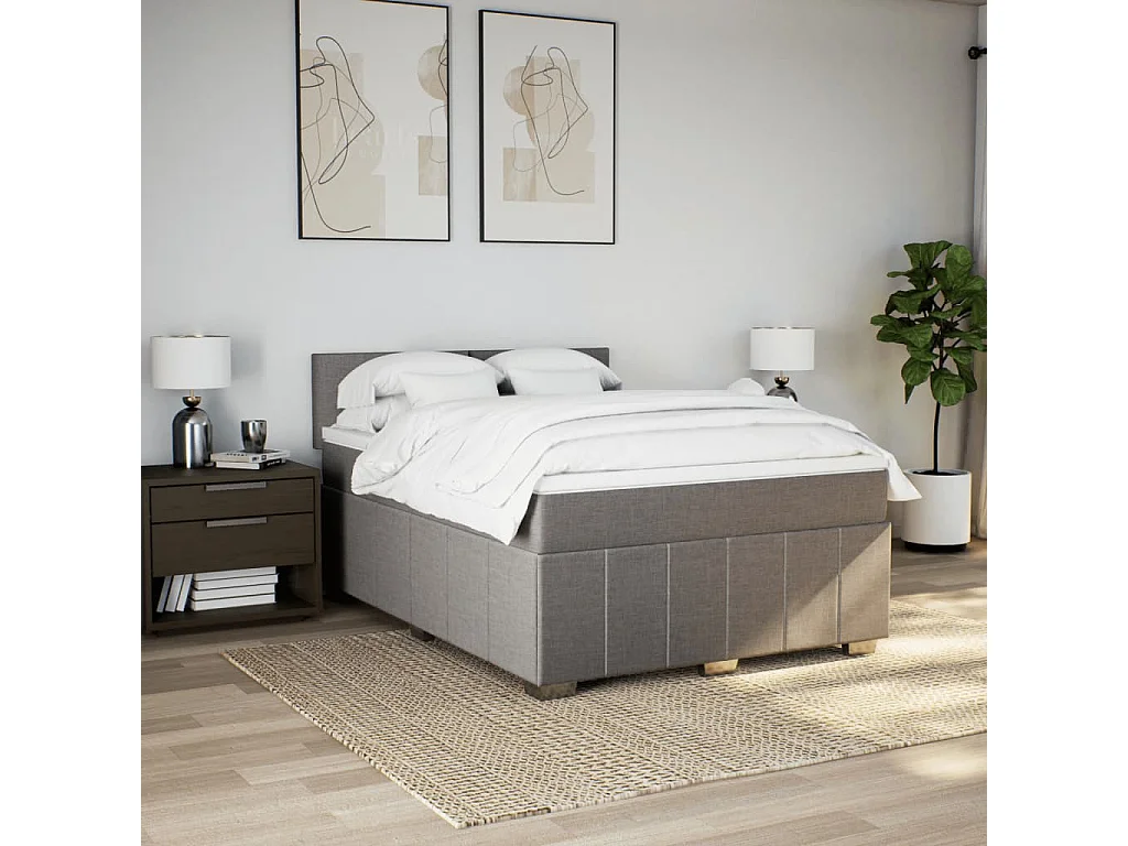 Cama box spring con colchón tela gris taupe 140x190 cm