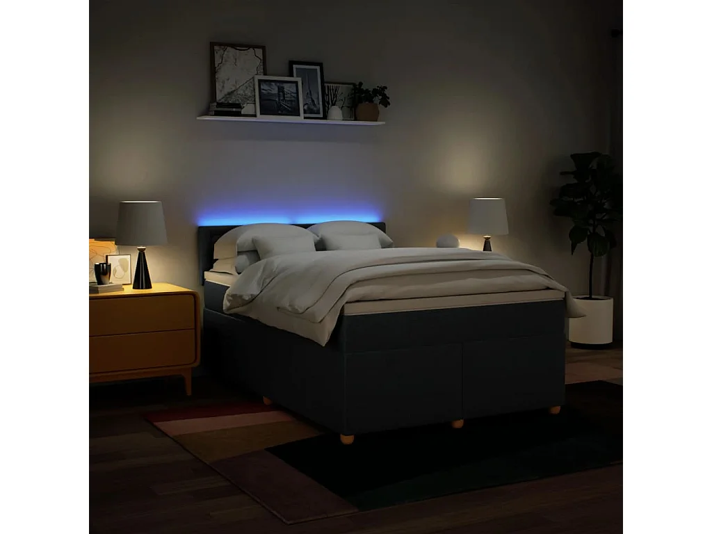 Cama box spring con colchón tela azul 160x200 cm