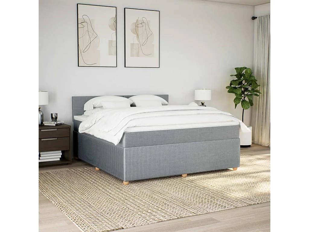 Cama box spring con colchón tela gris claro 180x200 cm