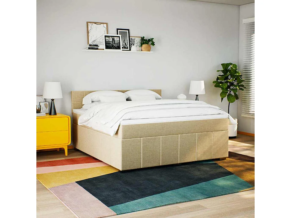 Cama box spring con colchón tela color crema 180x200 cm