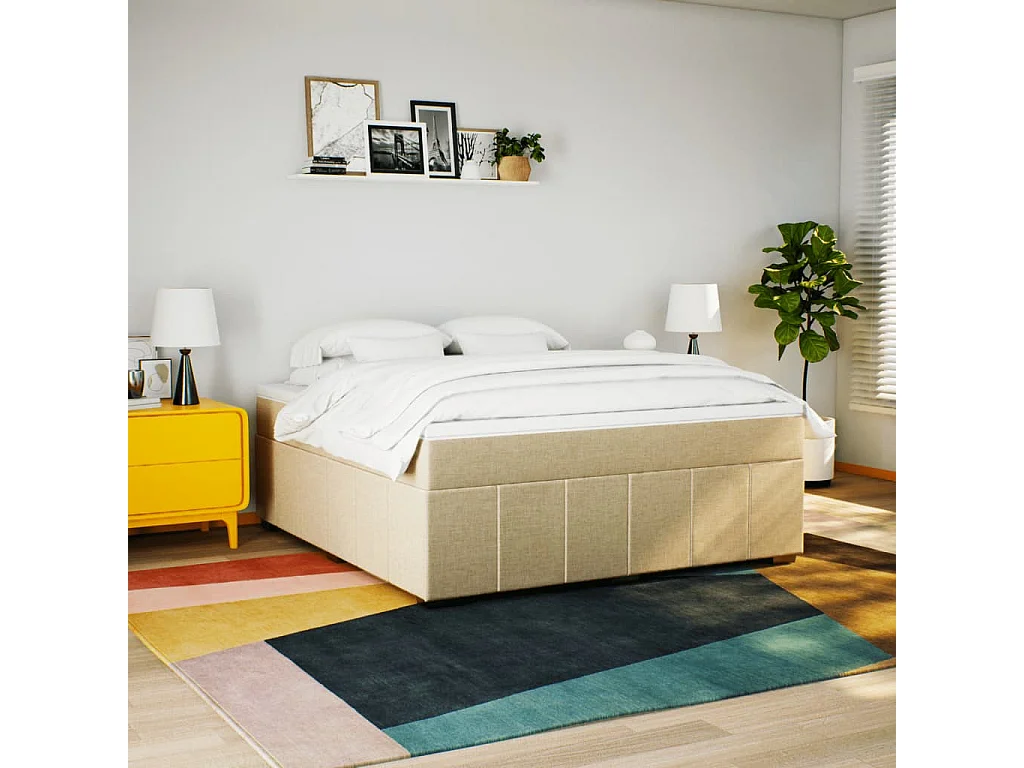 Cama box spring con colchón tela color crema 180x200 cm