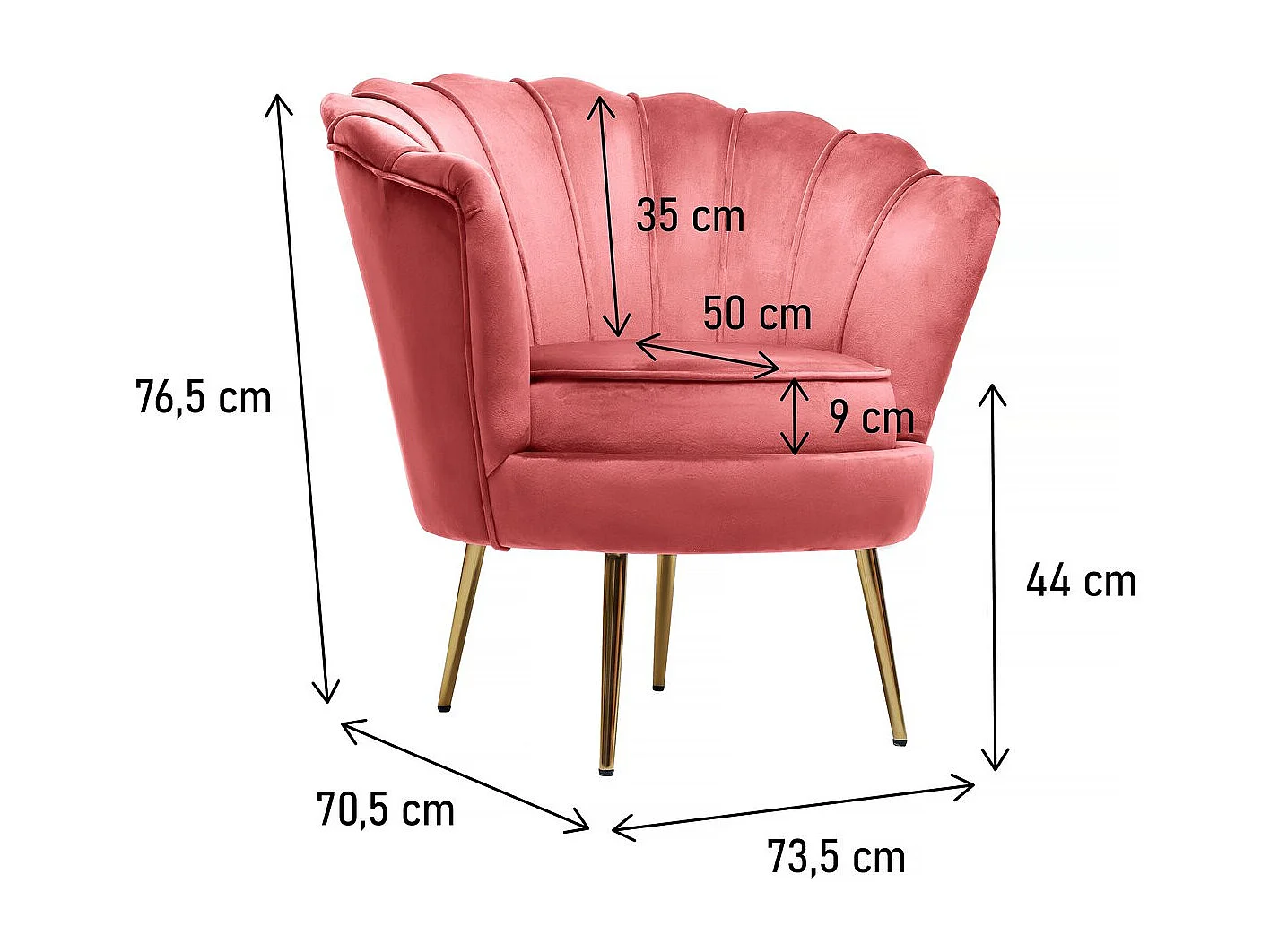Fauteuil velours "Floria" - 70 x 73 x 76 cm - Rose