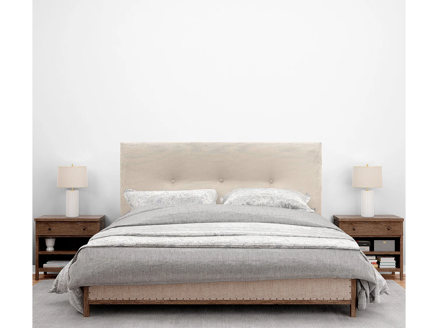 DHOME Tête de Lit Velours Côtelé Uni avec Boutons 145x115 avec Pieds de Lit 120/135/140 - Beige