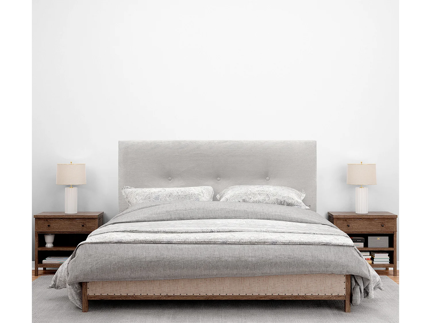 DHOME Tête de Lit Velours Côtelé Uni avec Boutons 145x115 avec Pieds de Lit 120/135/140 - Blanc Os