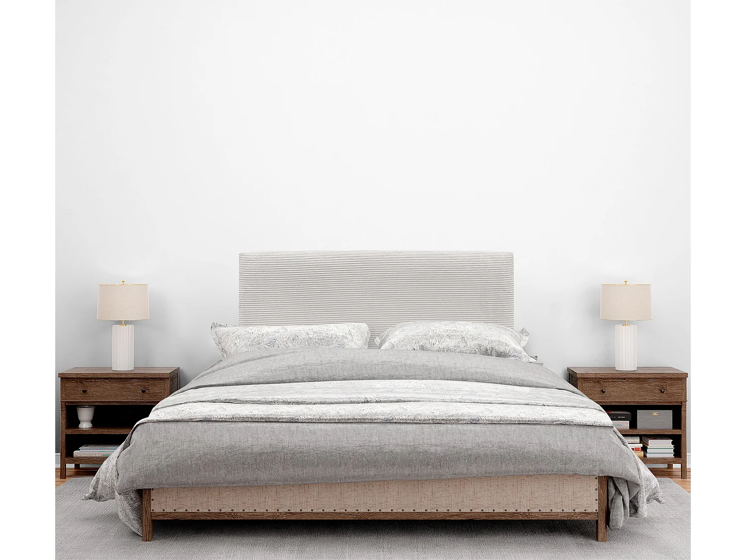 DHOME Tête de Lit Velours Côtelé Uni 105x105 avec Pieds de Lit 105 - Blanc Os