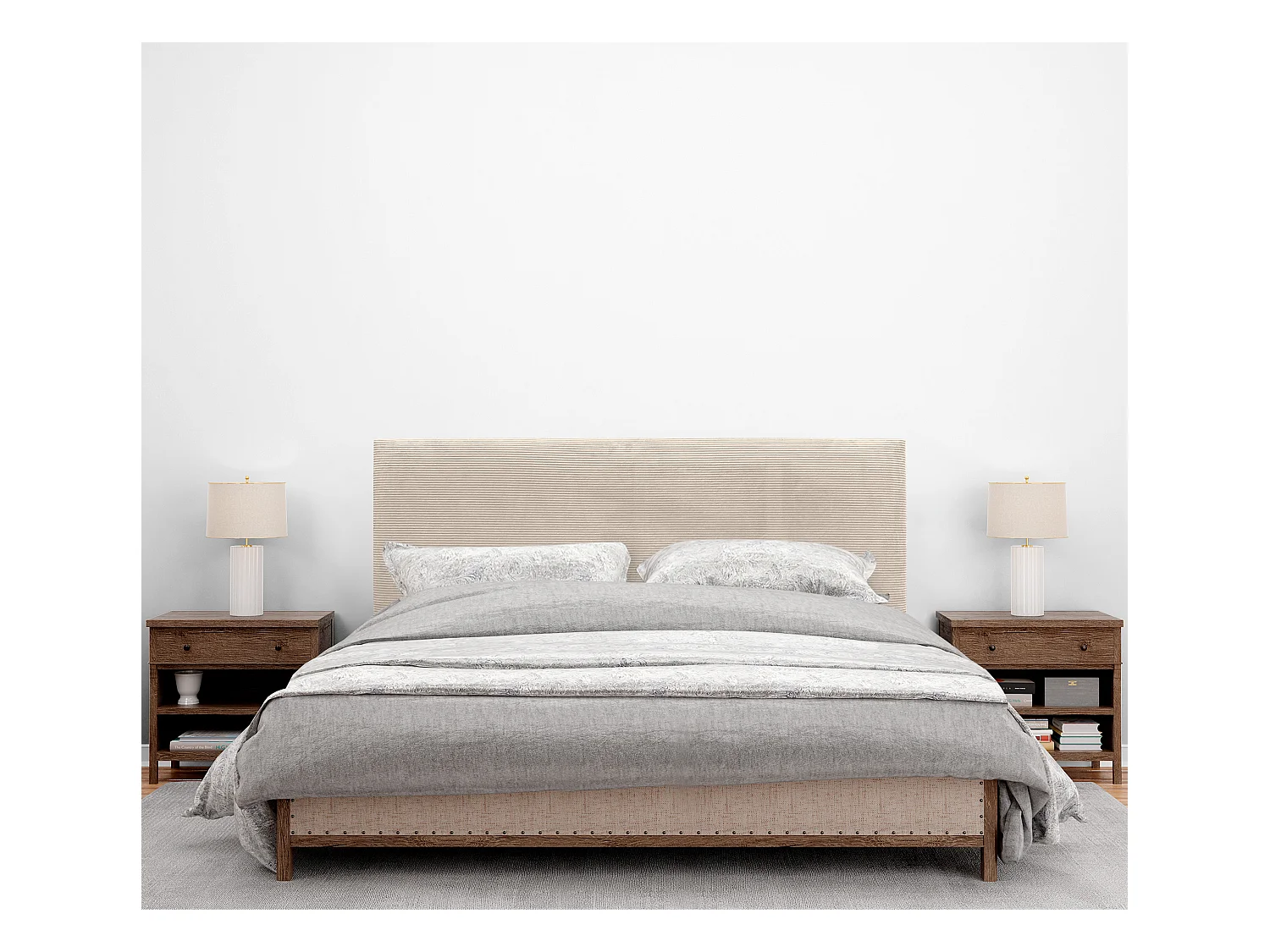 DHOME Testiera in Velluto a Coste Liscio 145x105 con Gambe Letto 120/135/140 - Beige
