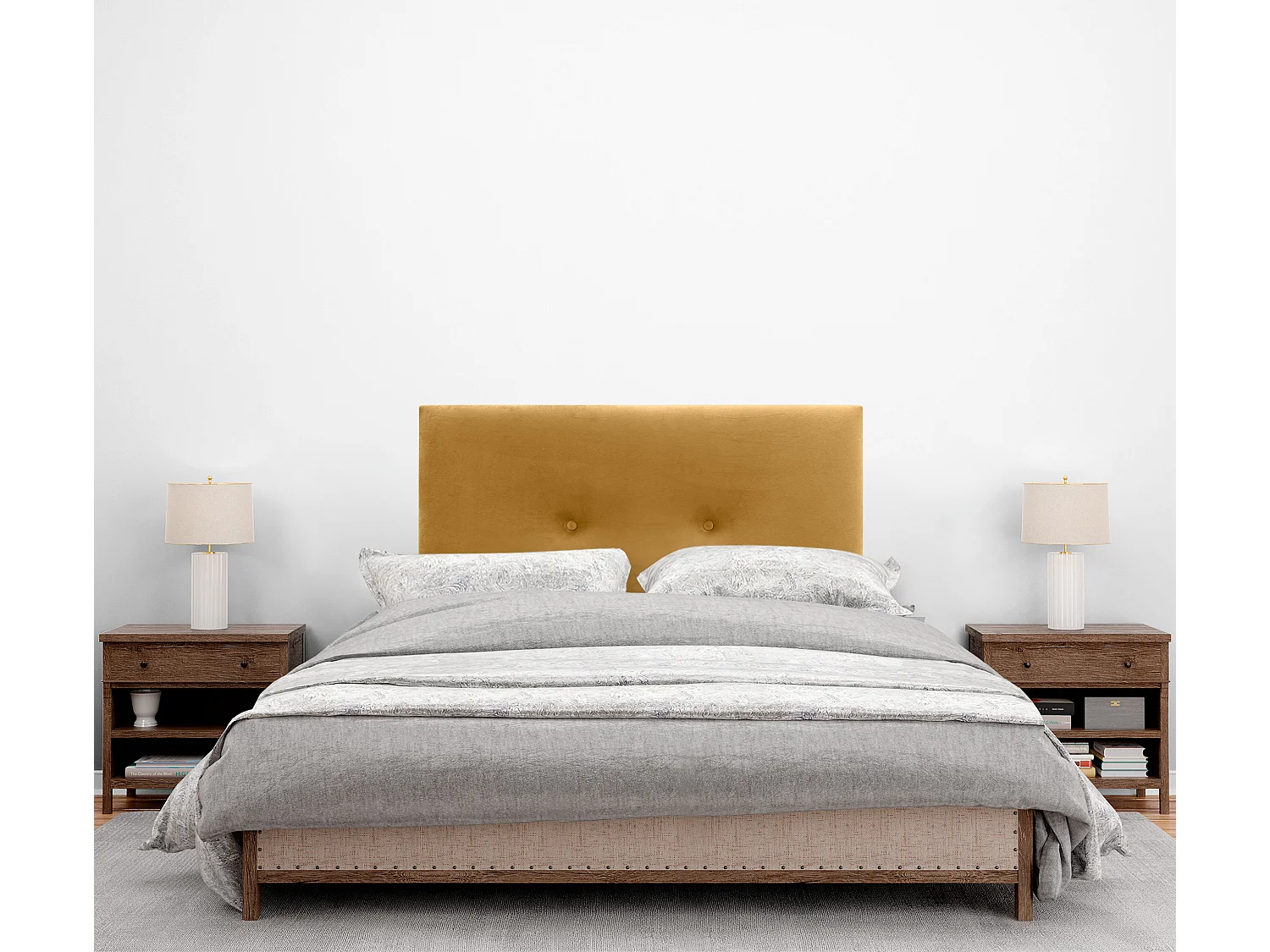 DHOME Tête de Lit Velours Lisse avec Boutons 110x105 avec Pieds de Lit 105 - Moutarde