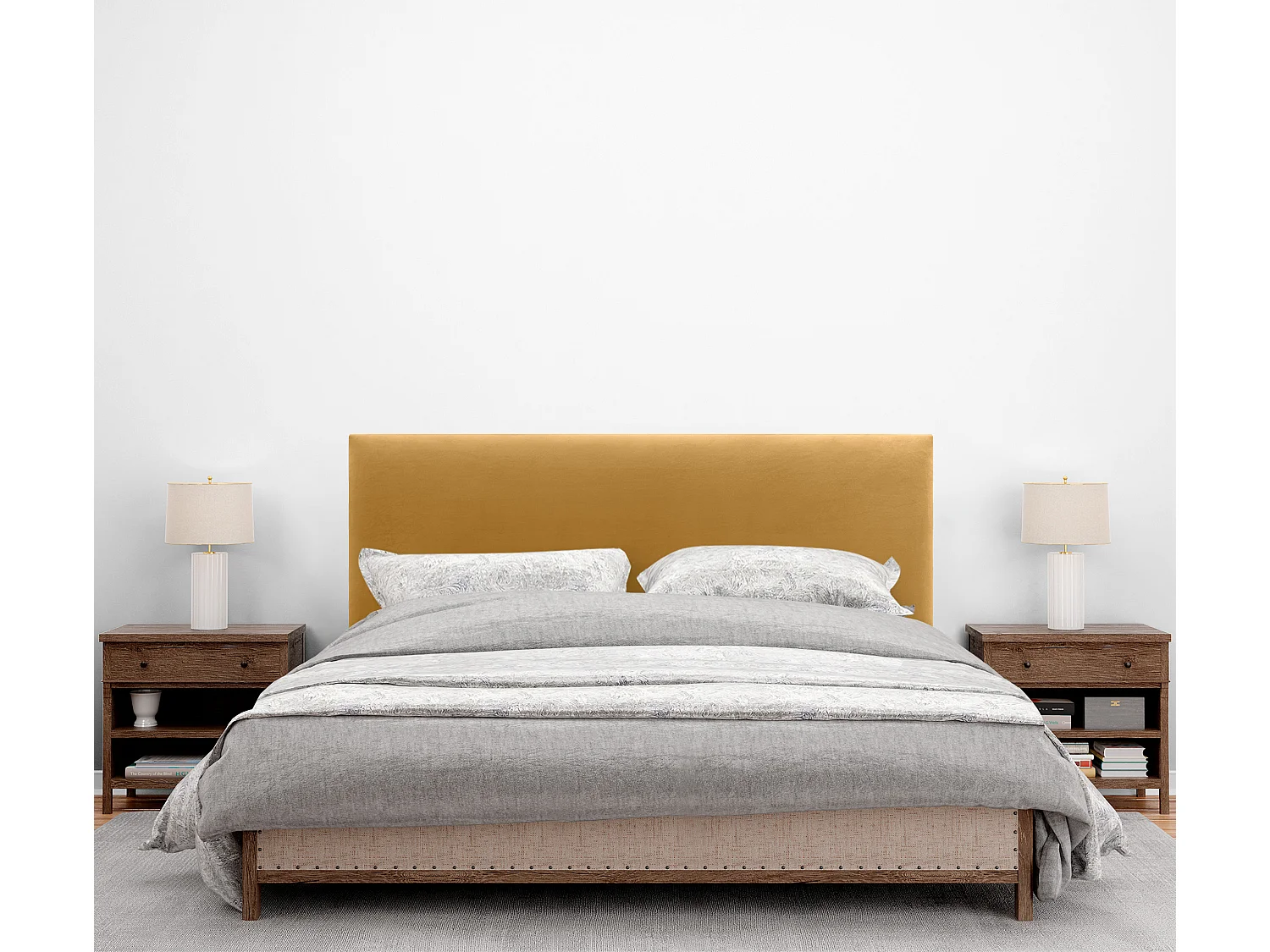 DHOME Tête de Lit Velours Lisse 135x115 avec Pieds de Lit 120/135/140 - Moutarde