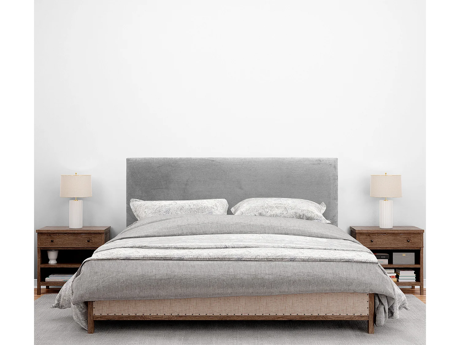 DHOME Tête de Lit Velours Côtelé Uni 145x105 avec Pieds de Lit 120/135/140 - Gris