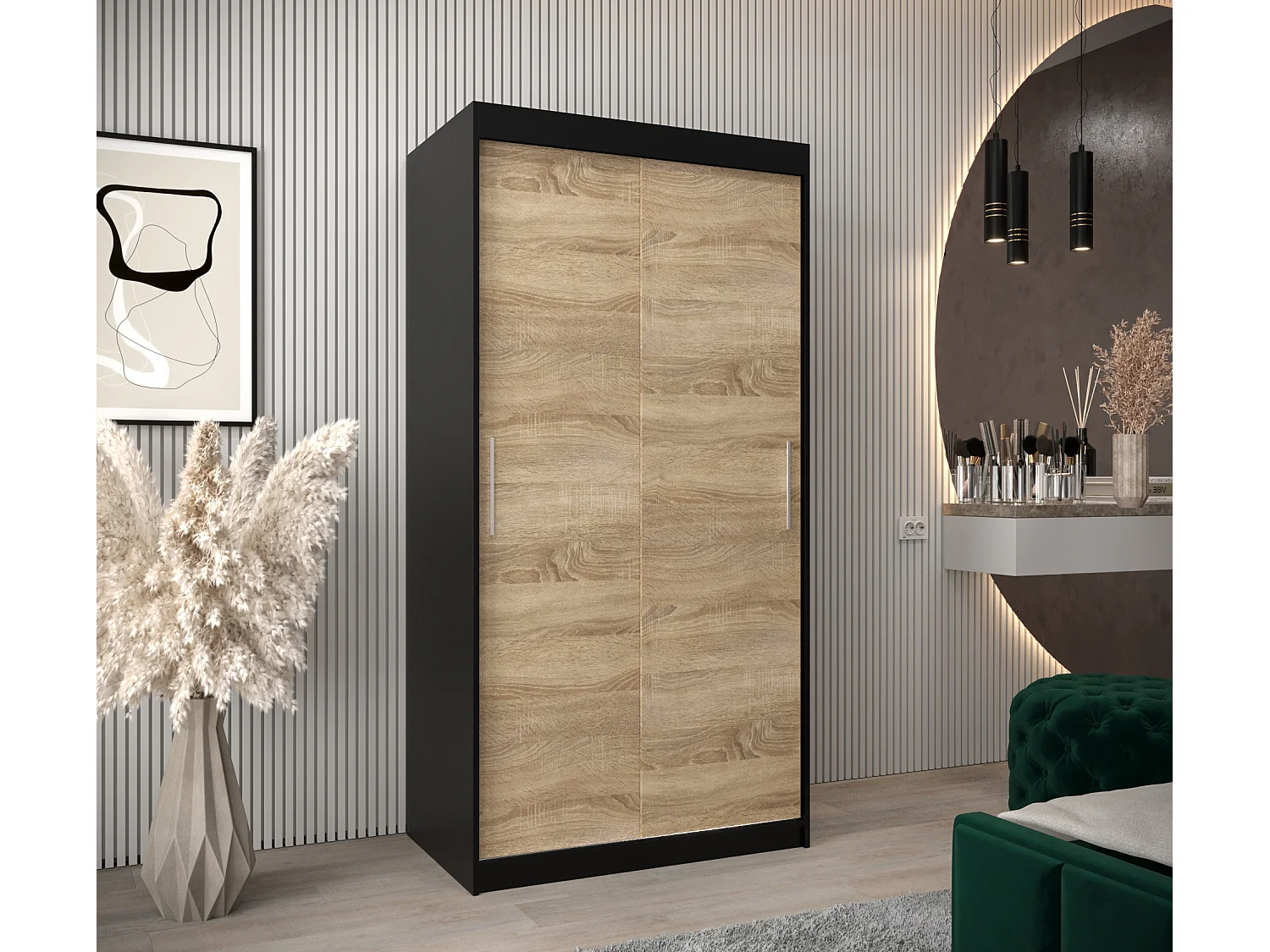 Tokyo kledingkast met schuifdeuren 200/100/62 2 deuren (zwart/sonoma)