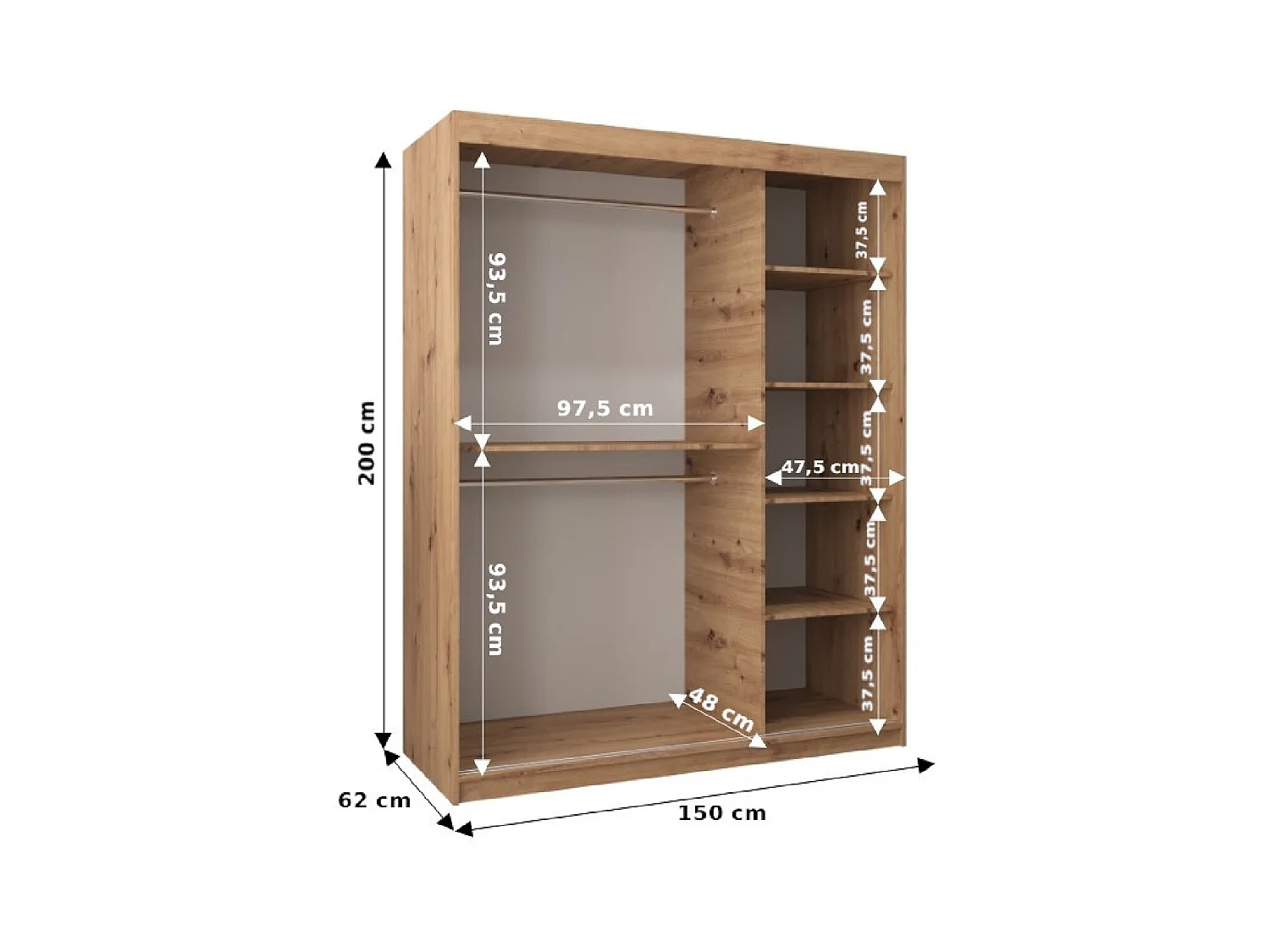 Schwebetürenschrank Tokyo 200/150/62 2-Türig (Weiß/Artisan)