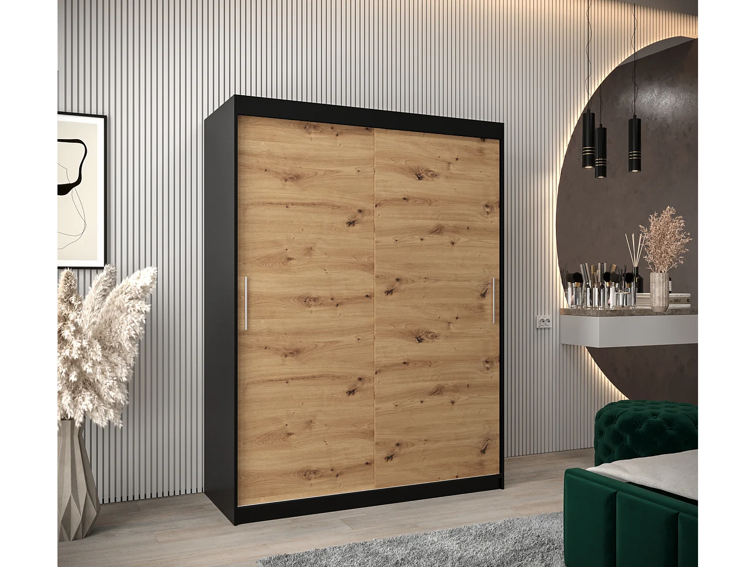 Schwebetürenschrank Tokyo 200/180/62 2-Türig (Schwarz/Artisan)