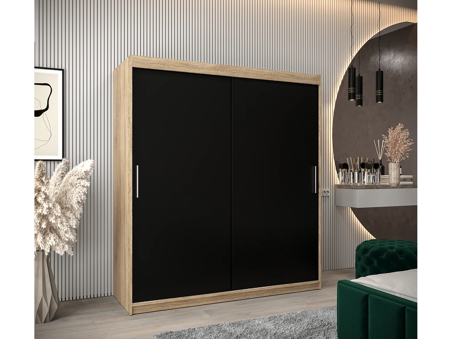 Schwebetürenschrank Tokyo 200/180/62 2-Türig (Sonoma/Schwarz)