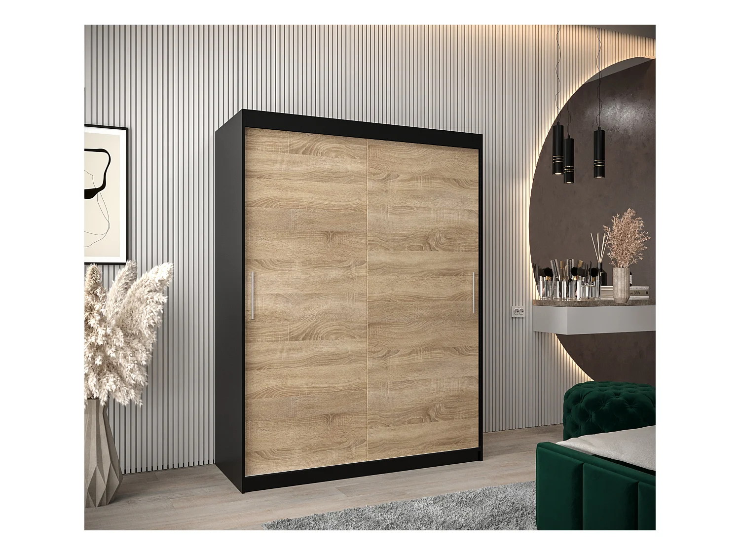 Schwebetürenschrank Tokyo 200/150/62 2-Türig (Schwarz/Sonoma)