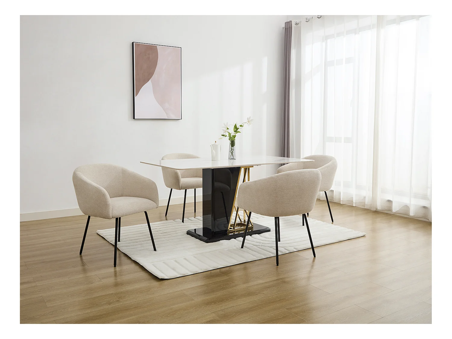 Set van 6 stoelen met armleuningen van stof met textuur en zwart metaal - Crèmewit - NISTOSIA