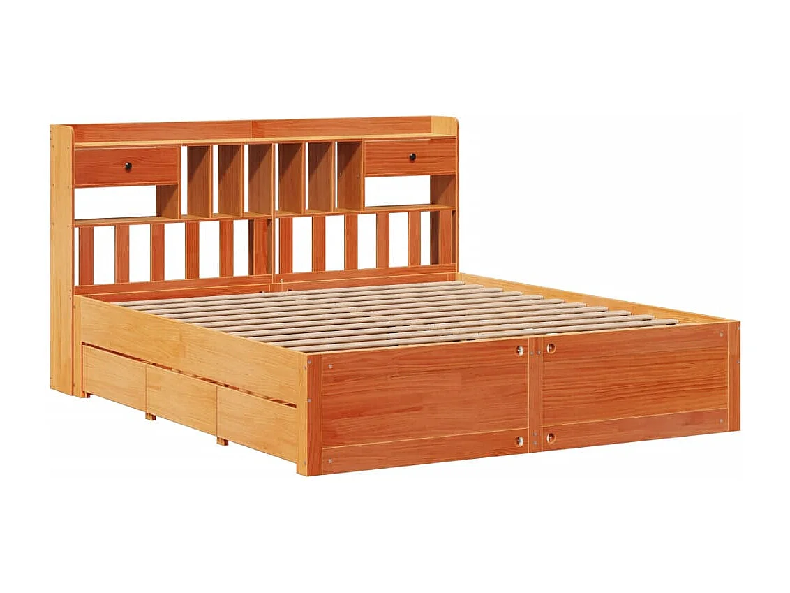 Lit bibliothèque sans matelas cire marron 200x200 cm pin massif