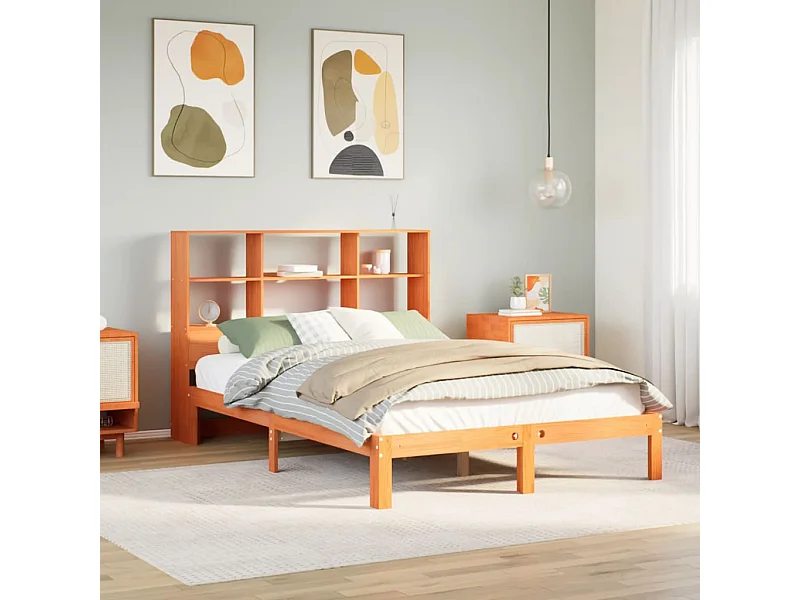 Cama c/ estante sem colchão 120x200cm pinho maciço castanho-mel