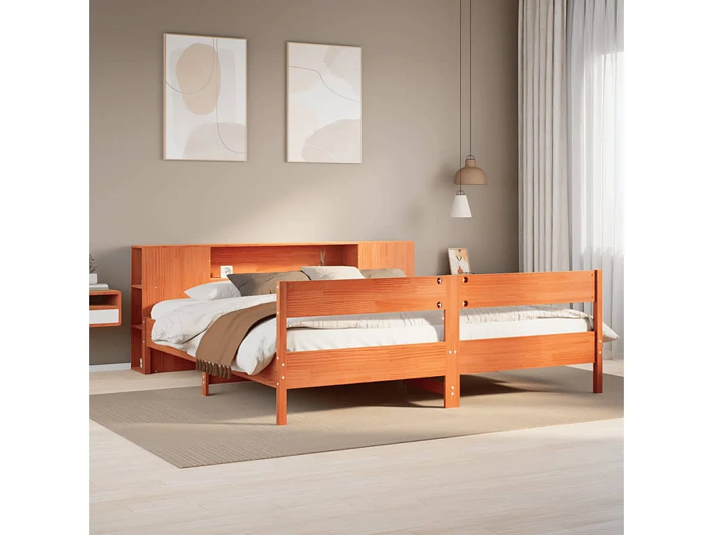 Bed met boekenkast zonder matras grenenhout wasbruin 180x200 cm