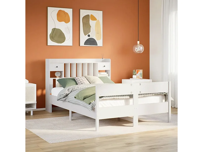 Cama con estantería sin colchón madera maciza blanca 140x190 cm