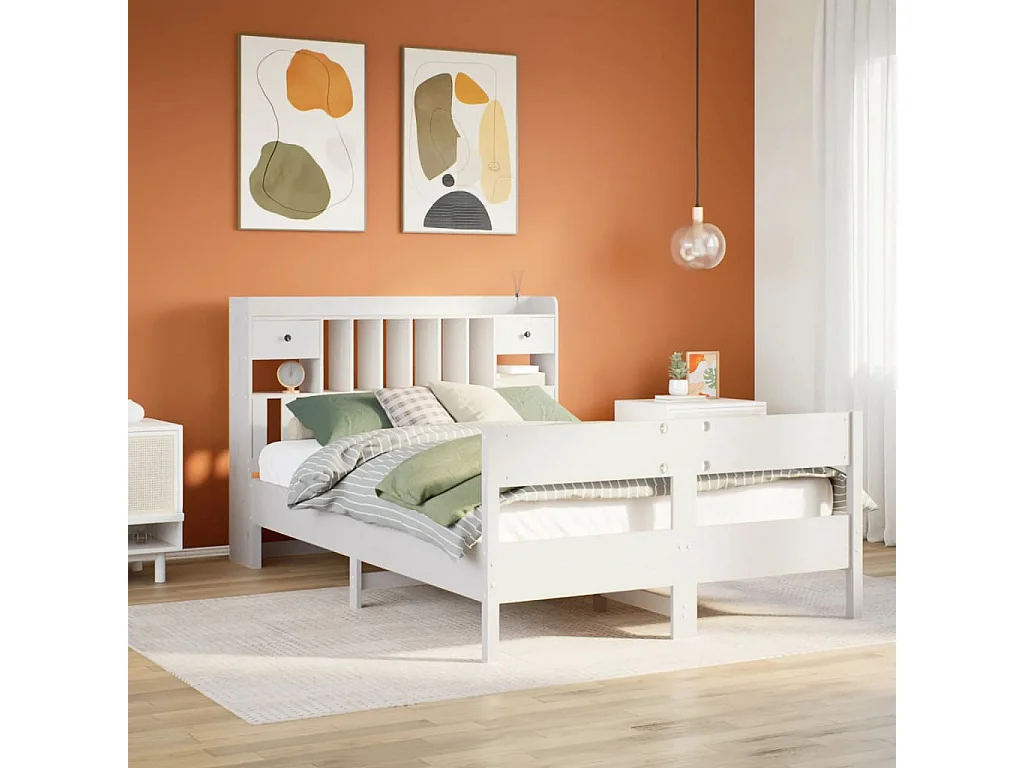 Cama con estantería sin colchón madera maciza blanca 135x190 cm