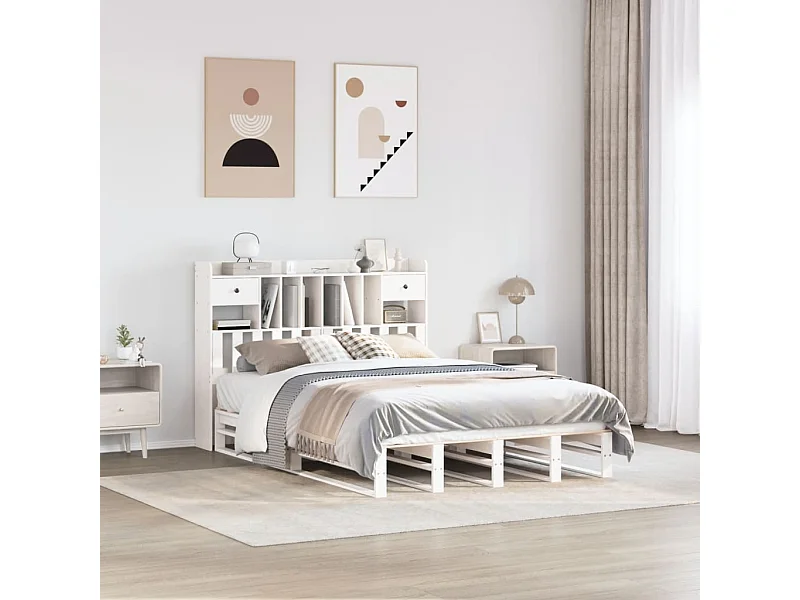 Cama con estantería sin colchón madera maciza blanca 160x200 cm