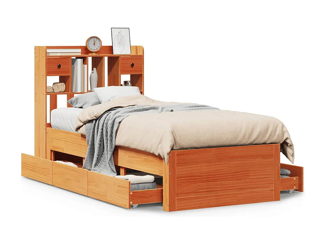 Bed met boekenkast zonder matras grenenhout wasbruin 100x200 cm