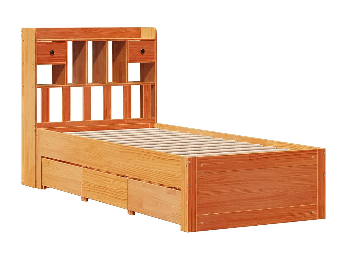 Bed met boekenkast zonder matras grenenhout wasbruin 75x190 cm