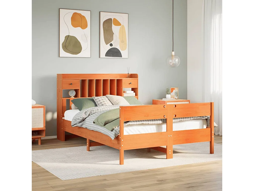 Bed met boekenkast zonder matras grenenhout wasbruin 140x200 cm