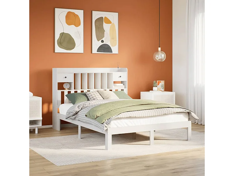 Cama con estantería sin colchón madera maciza blanca 140x200 cm