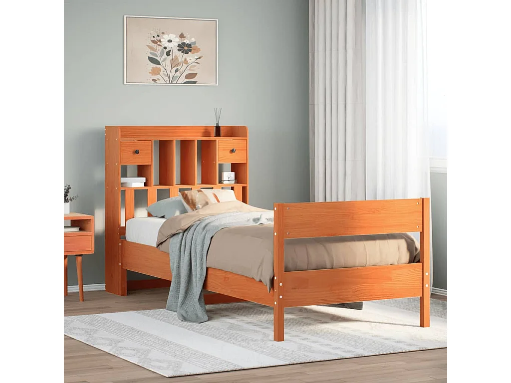 Cama com estante sem colchão 75x190cm pinho maciço castanho-mel